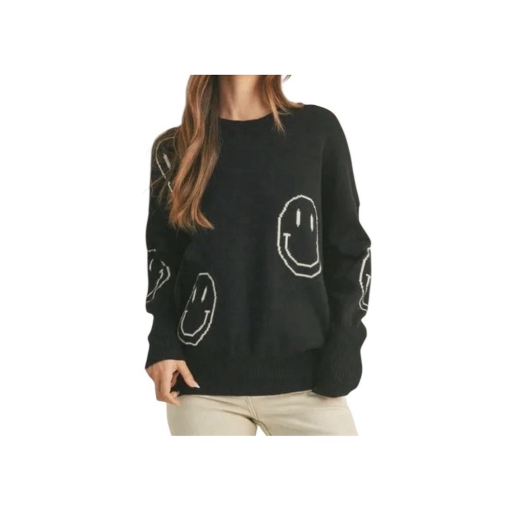 Miou Muse‎ Sweater Top Womens Small Black Knit Happy Face Festival Oversized